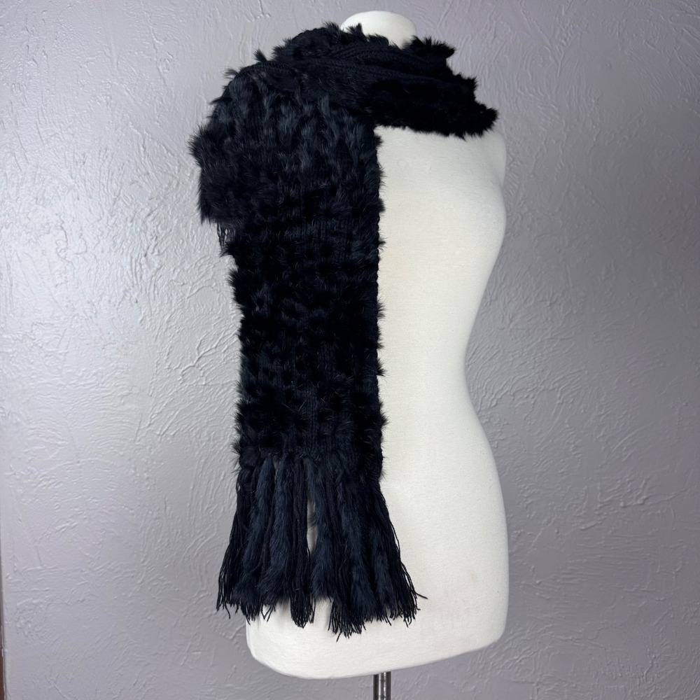 Vintage Angora Leather blend black scarf with fringe Corporate Goth Glam Goth